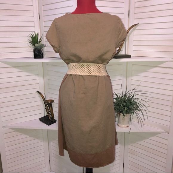 Vintage 70s hippie boho brown dark beige mini dress Sz L - Picture 2 of 8